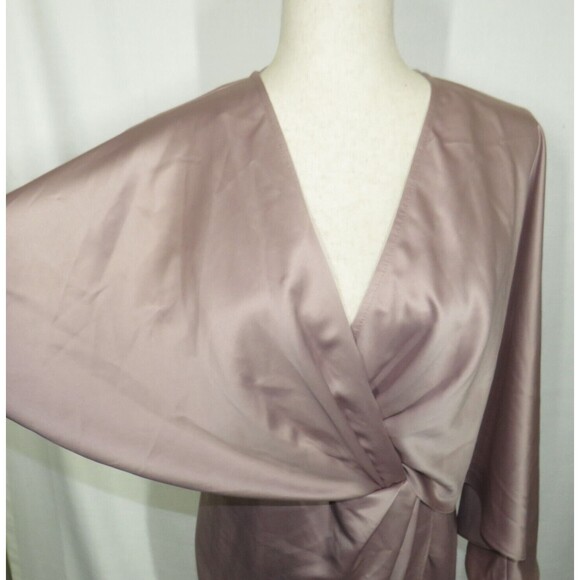 ASOS Dusty Rose Satin Asymmetric Draped Faux Wrap Front Split Midi Dress Size 12 - Picture 2 of 9
